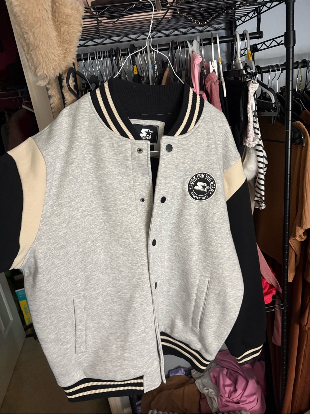 STARTER Black, Gray & Cream Varsity Jacket